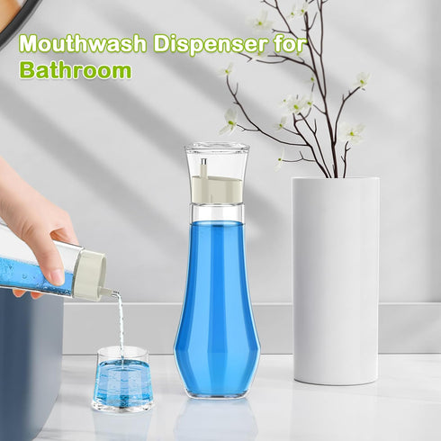BTIFU 8.8 oz Countertop Glass Mouthwash Dispenser for Bathroom, Refillable Mouthwash Container With Lid Cup, Small