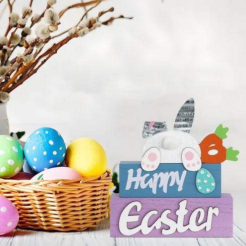 3-Layered Easter Decorations, MEETYAMOR Easter Bunny with Carrots Farmhouse Wood Block Easter Decor, Happy Easter Sign