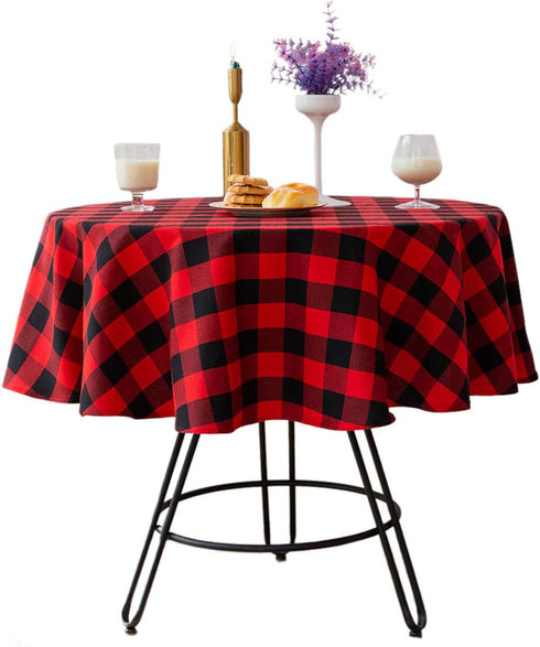 Buffalo Check Christmas Round Tablecloth - Cotton Linen Plaid Cover for 60 Inch Round Table Decoration