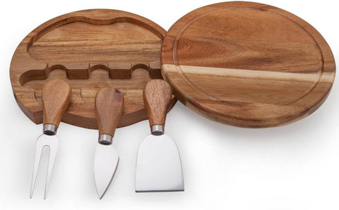 3 Set, 7.5 inch ILEAF Round Slide-Out Acacia Wood Cheese Board and Piece Cheese Tool Diameter