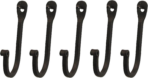 Early American Single Prong Wrought Iron Hooks, Set of 5 - Rustic Curved Metal Fasteners for Decorative Wall Décor