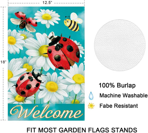 Welcome Ladybug Garden Flag, Vertical Double Sided Sunflower Bee Burlap Summer Yard Decor (12.5 x 18)