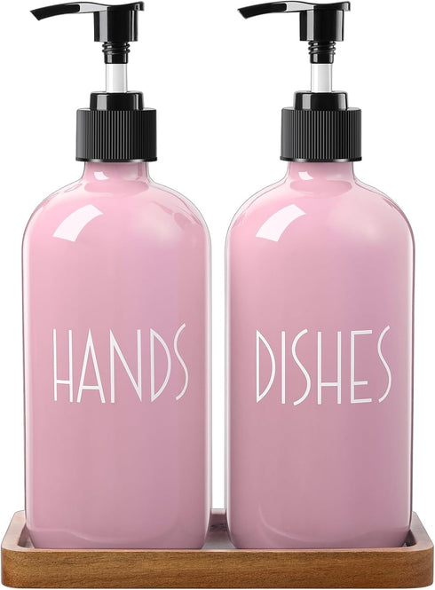 ALELION Dish Soap Dispenser for Kitchen, 16 OZ Glass Hand Soap Dispenser Set with Acacia Wood Tray, Pink Kitchen Decor