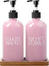 ALELION Dish Soap Dispenser for Kitchen, 16 OZ Glass Hand Soap Dispenser Set with Acacia Wood Tray, Pink Kitchen Decor