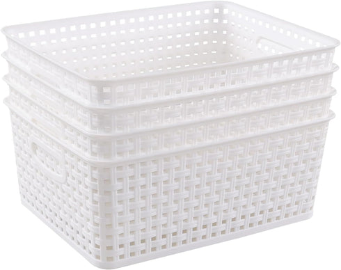 Gloreen White Plastic Basket, 8 Quart Weave Storage Baskets, Set of 4