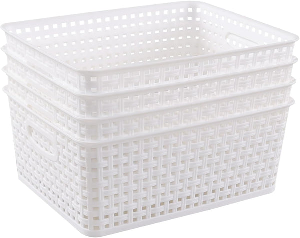 Gloreen White Plastic Basket, 8 Quart Weave Storage Baskets, Set of 4