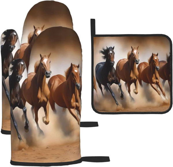 Oven Mitts and Potholders, Animal Horse Elegant Running Horse in Desert Sand Storm Baking Glove and Pot Holder, 3-Piece