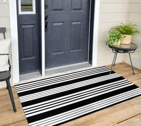 Black/White Striped Front Door Rug 2'X4.3', Cotton Hand Woven Indoor/Outdoor Entryway Rug, Machine Washable Kitchen Mat
