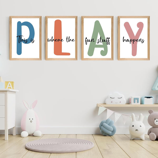Set of 4 Framed Kids Playroom Wall Art Prints, 12x16' Toddler Nursery