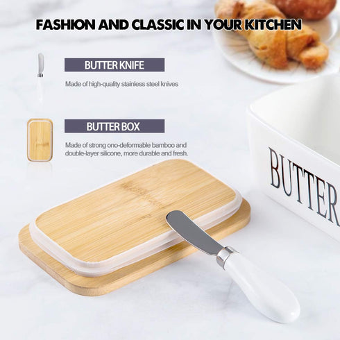 Hasense Large Butter Dish with Lid - Ceramic Airtight Butter Keeper for Countertop, Farmhouse Decor, White