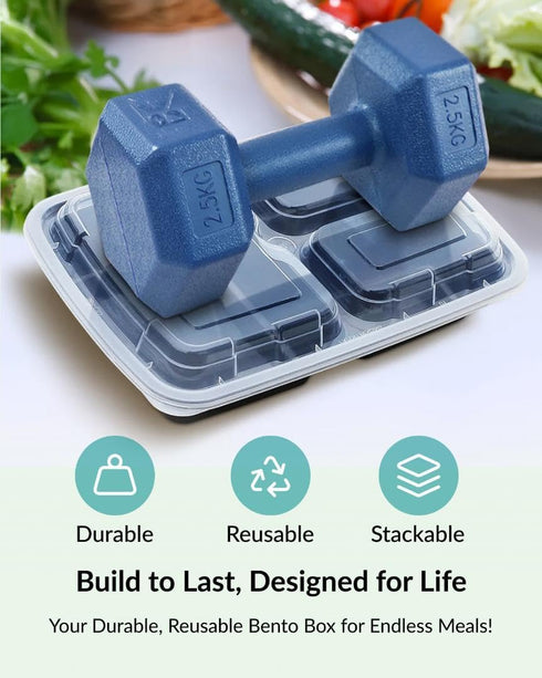 Enther Meal Prep Containers, 12 Pack 3 Compartment with Lids, BPA Free, Stackable, Reusable Lunch Boxes