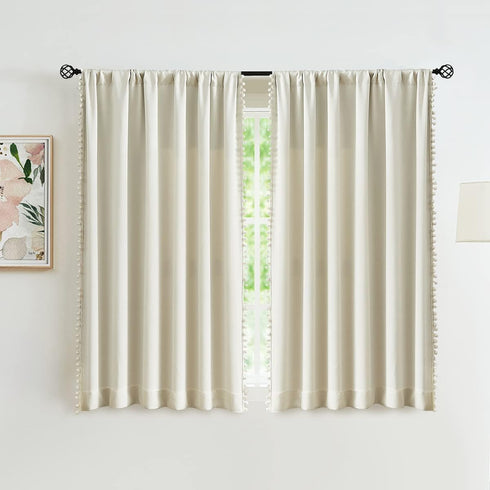 Treatmentex Pompom Window Curtain Panels, Natural 45" Long Ivory Curtain Drapes for Small Windows