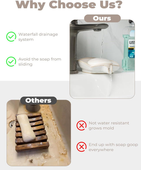Countertop, Soap Dishes, Ceramic Shower Soap Dish with Waterfall Design Bar Soap Holder Self Draining Soap Saver
