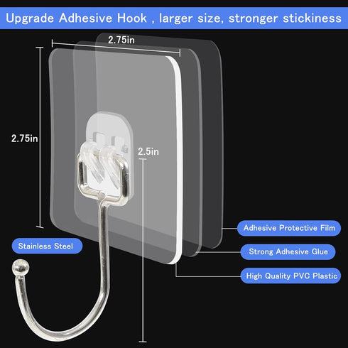 30 Packs Large Heavy Duty Adhesive Wall Hooks, 44lb Max Hold, Transparent Waterproof Rustproof Sticky Hooks for Home
