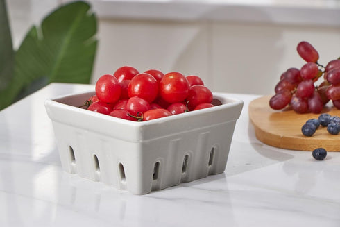 Set 2, 5.7 inch, ONEMORE Ceramic Berry Basket, Square Fruit Bowls, Rustic Stoneware Berry Colander of Gray & Light