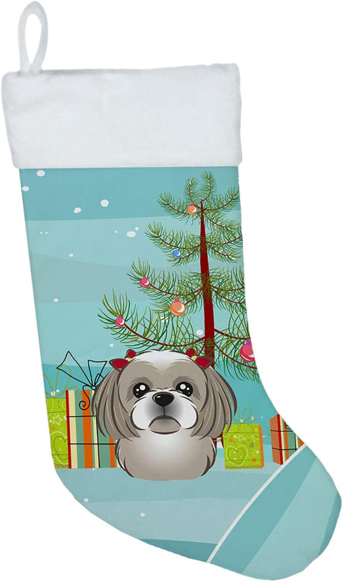 Caroline's Treasures Christmas Tree and Gray Silver Shih Tzu Stocking, Holiday Decor
