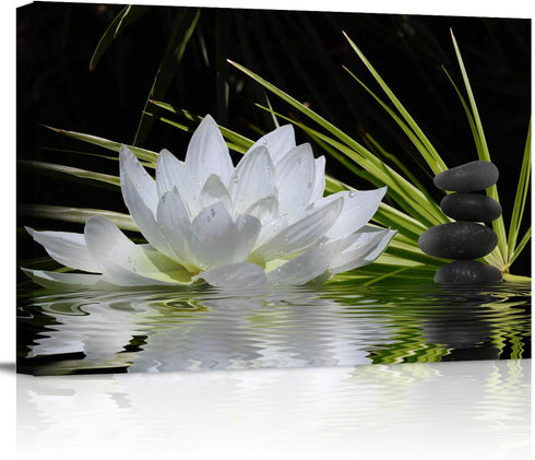 Canvas Wall Art - White Lotus and Black Zen Stones Picture, Modern Wall Decor, 12" x 16"