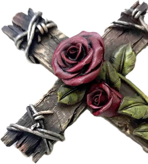 Polly House 10" Rose with Wood Look Resin CROSS Wall Decoration, Great for Gifts