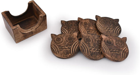NIRMAN 6-Piece Wooden Crafted Coaster Set with Holder for Drink Bar, Tea, Coffee, and Home Decor (Owl Shape)