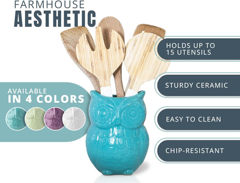 Comfify Owl Utensil Holder Decorative Ceramic Cookware Crock & Organizer, in Lovely Aqua Blue Color - Utensil Shaped Caddy and Perfect Kitchen Ceramic Décor Gift for Countertop - 5” x 7” x 4” Size