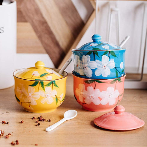 FUYU Hand-painted Flower Ceramic Condiment Pot, Seasoning Jar with Lid and Spoon