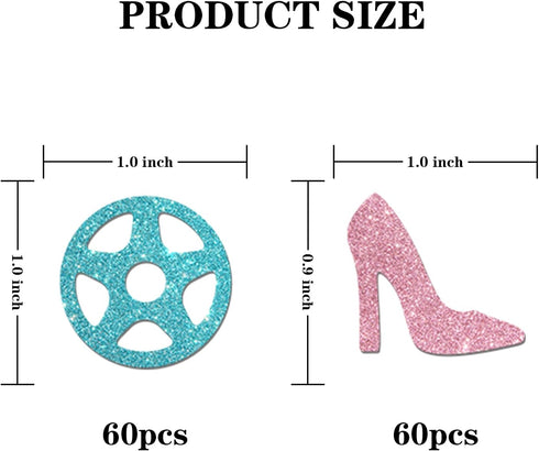 Wheels or Heels Confetti Glitter, Baby Shower He or She Party Table Confetti, Gender Reveal Paper Scatter, Boy or Girl Table Decorations Confetti, 120pcs