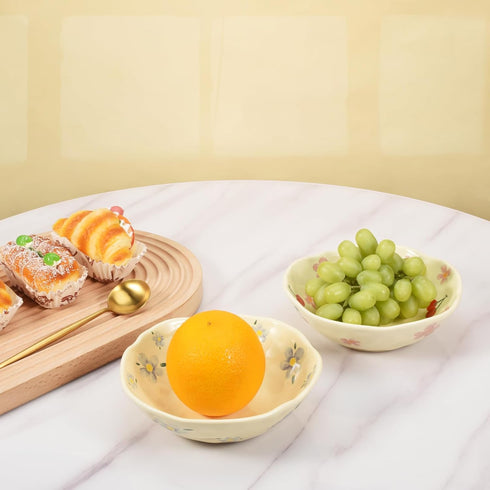 Koythin Salad Bowls, Cute Cherry Flower Ceramic Bowls, Cream Yellow Serving Bowl for Pasta, Cereal, Soup (Cherry Set of