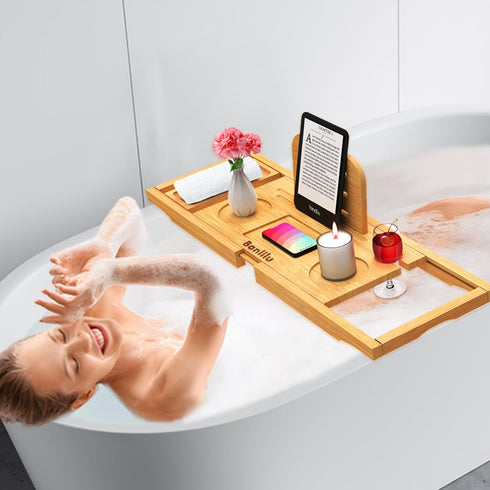 Luxury Expandable Bathtub Caddy Tray, Adjustable Size Bath Tray Table for Most Tubs