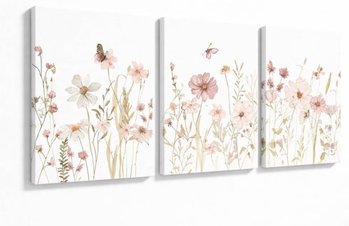 MTFBWY 3 Piece Pink Wildflower Canvas Wall Art, Vintage Floral Botanical Prints,