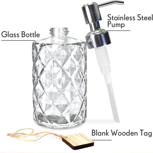 JASAI Diamond Design 12 Oz Glass Soap Dispenser, Kitchen and Bathroom with Stainless Steel Pump