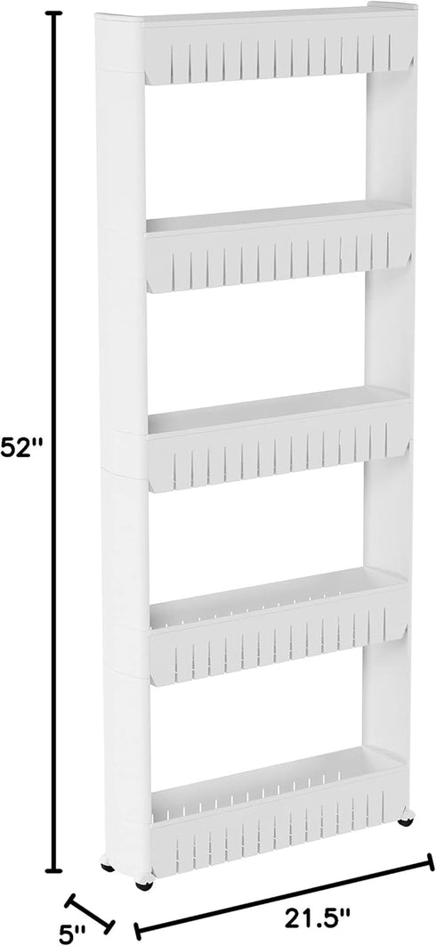 5-Tier Slim Rolling Storage Cart - Utility Cart with Wheels for Bathroom, Kitchen, and Laundry Room - Bathroom Shelves