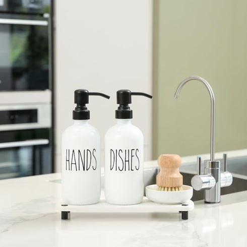 Set MOMEEMO White Soap Dispenser Comes with Stainless Steel Pumps, Instant Dry Tray, and Dish Scrub Brush, Suitable