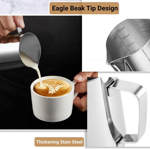 Milk Frothing Pitcher, 350ml/600ml Stainless Steel Jug for Cappuccino Latte Art, 12oz/20oz Milk Jug with Decorating Pen
