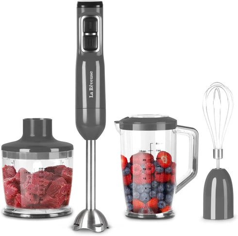 La Reveuse Handheld Immersion Blender, 3 in 1, 300 Watts with Whisk, Mixing Beaker, Food Chopper Attachments