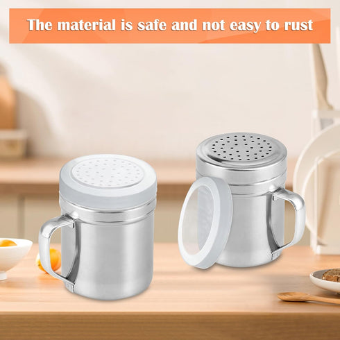 Metal Salt Pepper Dredge Shakers, 2Pcs Stainless Steel Seasoning Jar with Handle, Suitable for Pepper, Cinnamon, Coffee