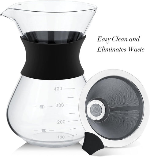 Manual Hand Drip Coffee Maker, Glass Pot with Stainless Steel Filter, Chemex Kaffeekaraffe 400 Drip Coffee