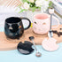 Pink Ceramic Coffee Mug, Cute Cat Handmade Tea Cup with Stainless Steel Spoon, Unique Hot Chocolate Novelty Mug for