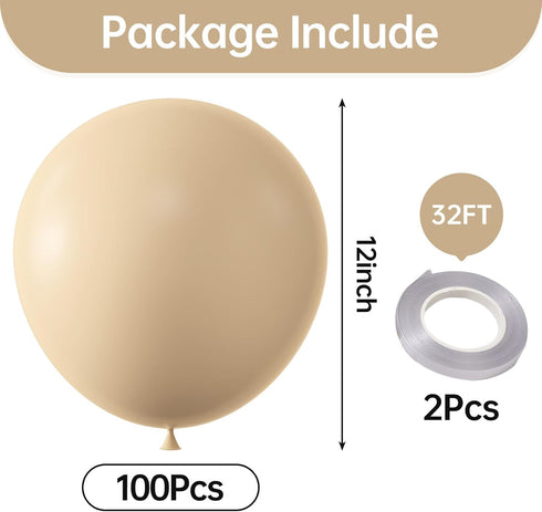 KALOR 12 Inch Beige Balloons, 3.2g/100 Pcs Thick Matte Latex Balloons for Party Decorations
