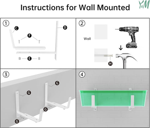 Y&M Adjustable Brackets for Window Boxes Planters, 4 Pack Universal Outdoor Hanging Brackets, White Steel.