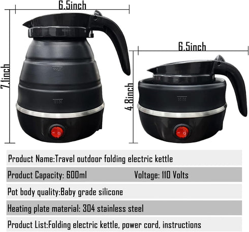 Foldable Electric Travel Kettle, Portable Silicone Collapsible Water Boiler and Tea Pot for Camping (Black)
