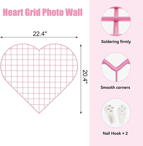 Grid Photo Wall Panels, 22.4"x20.4" Heart Shape Iron Rack Art Wire Board, DIY Photo Frame for Home and Office, Pink