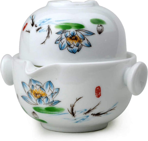 Liang baobao Convenient Teapot Cup, Porcelain Teacup, White Glazed Travel Tea Set (Lotus)