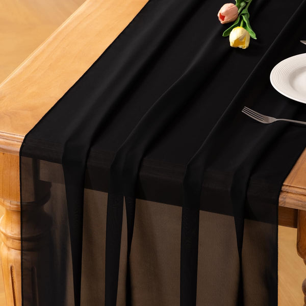Socomi Black Halloween Chiffon Table Runner, 10ft 29x120 Inches, Fall Thanksgiving Boho Rustic Wedding Decorations