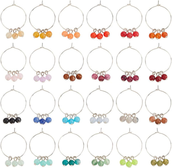 BENECREAT 24 PCS Acrylic Wine Glass Charm, Faux Gemstone Beaded Tassel Wine Glass Markers for Parties