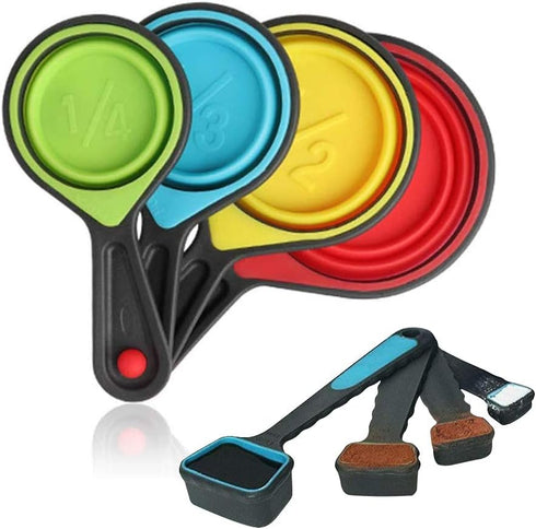 Collapsible Measuring Cups and Spoons, 8 Piece Set Portable Food Grade Silicone for Liquid & Dry Measuring