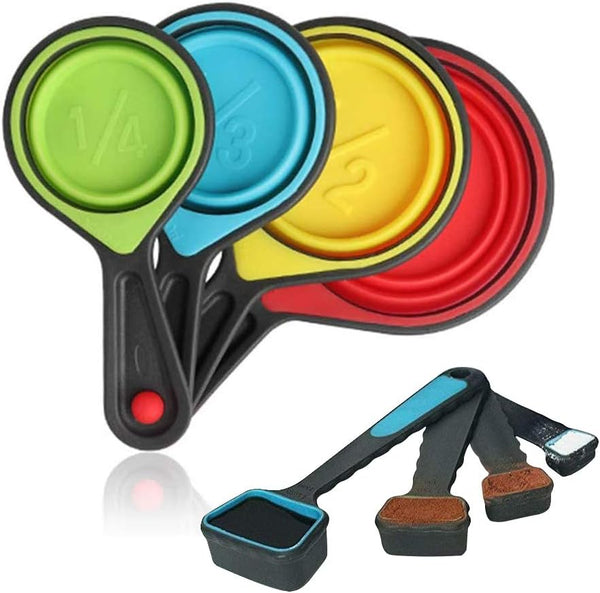 Collapsible Measuring Cups and Spoons, 8 Piece Set Portable Food Grade Silicone for Liquid & Dry Measuring