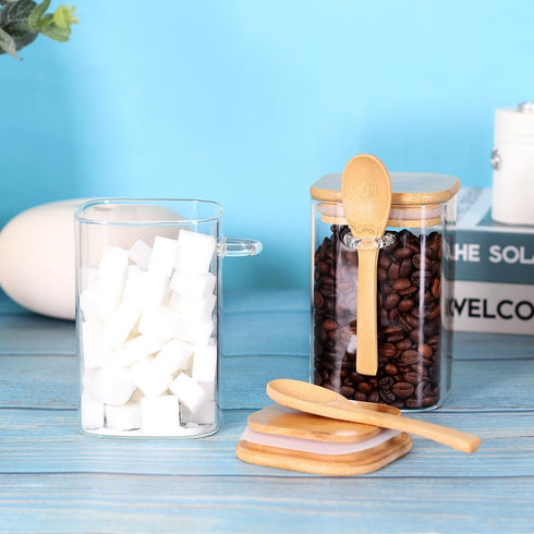 Spoon,Set 6 17 OZ Countertop, Glass Jar with Bamboo Lid and of Square Tea Containers for Loose Leaf Tea, Salt and Sugar