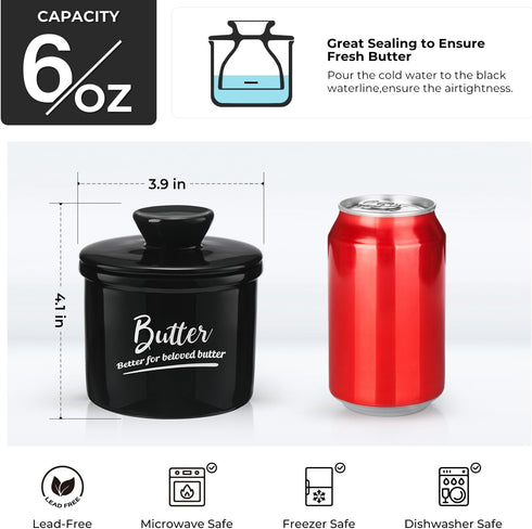 French Butter Dish Butter Crock with Lid and Knife, Keeps Butter Soft and Fresh for 2-5 Weeks, Black