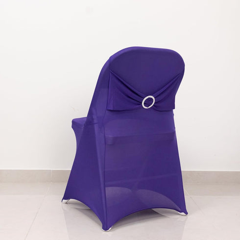 Efavormart Purple Spandex Folding Slip On Chair Cover with Silver Rhinestone Buckled Sash Band, Stretch Fitted Chair
