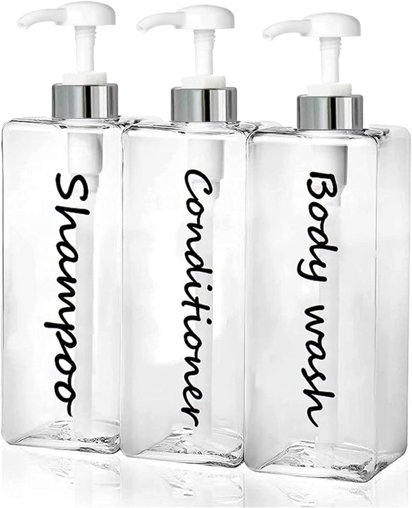 21oz Shampoo Dispenser - Refillable Clear Shampoo and Conditioner Bottles Set of 3 for Shower Soap